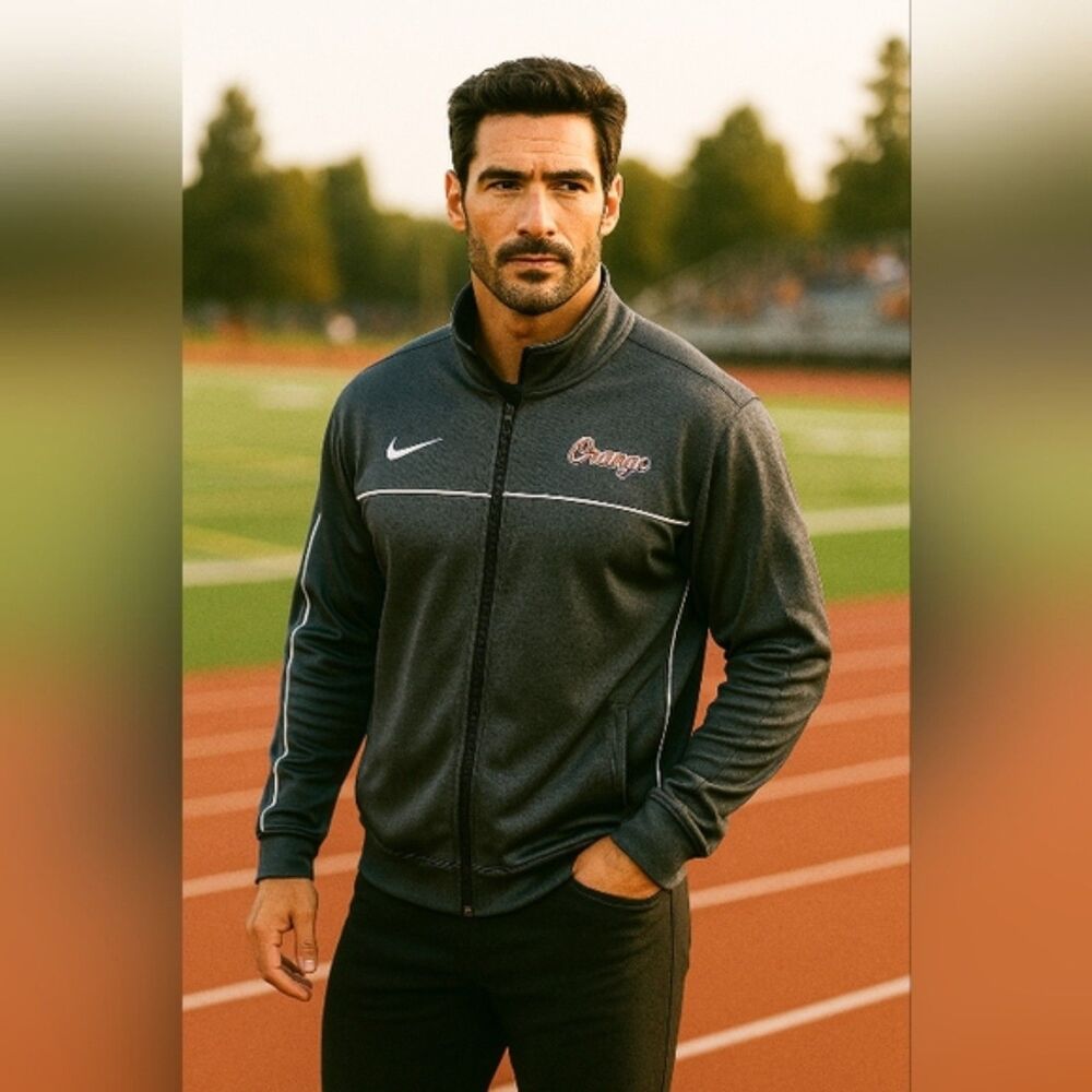 Nike Dri-FIT  Zip Track Jacket Mens XL Gray Black White “Orange” Script Athletic